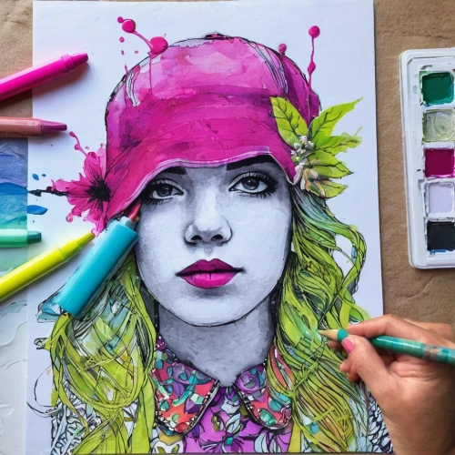 color pencil,watercolor pencils,coloured pencils,boho art,color pencils,watercolor painting,colourful pencils,girl wearing hat,colour pencils,colored pencils,girl in flowers,girl portrait,colorful floral,watercolor,flower hat,flower painting,girl drawing,watercolor women accessory,pencil color,watercolor paint,Illustration,Paper based,Paper Based 06