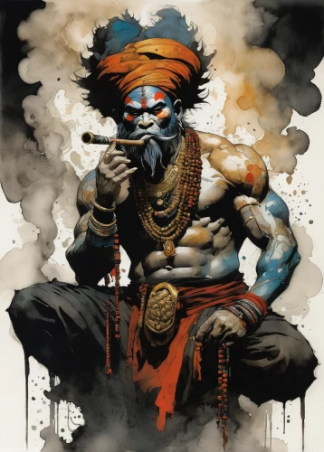 sadhu,indian sadhu,sadhus,hanuman,calm usopp,pirate,hindu,indian monk,shiva,kali,guru,lord shiva,god shiva,shaman,sea god,indian art,bansuri,krishna,indian drummer,dharma,Illustration,Abstract Fantasy,Abstract Fantasy 18