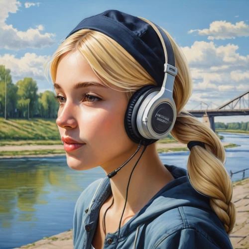 listening to music,headphone,wireless headset,headset,bluetooth headset,headphones,audio player,headset profile,music player,wireless headphones,earphone,the blonde in the river,girl on the river,earphones,listening,music background,audiophile,sound of music,music,hearing,Illustration,Realistic Fantasy,Realistic Fantasy 06