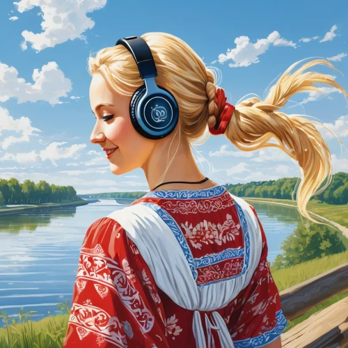 listening to music,sound of music,girl on the river,the blonde in the river,headphone,girl with bread-and-butter,music,retro girl,heidi country,music background,musical background,world digital painting,retro music,summer day,music player,blond girl,headphones,listening,audiophile,audio player,Illustration,Realistic Fantasy,Realistic Fantasy 04