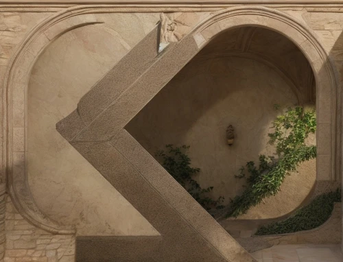decorative letters,outside staircase,doorway,architectural detail,circular staircase,garden door,pointed arch,three centered arch,semi circle arch,stone stairs,decorative arrows,iranian architecture,circular ornament,arches,the threshold of the house,round arch,carved wall,ornamental dividers,quasr al-kharana,entry path,Landscape,Garden,Garden Design,Rustic Mediterranean