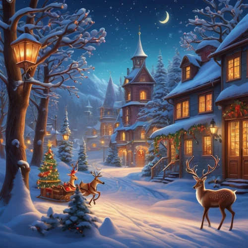 christmas landscape,christmas snowy background,christmas scene,winter village,christmas town,christmasbackground,winter background,snow scene,christmas wallpaper,the holiday of lights,christmas night,sleigh ride,christmas background,north pole,christmas motif,elves flight,christmas banner,santa claus with reindeer,the occasion of christmas,christmas snow,Illustration,Realistic Fantasy,Realistic Fantasy 27
