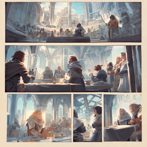 cg artwork,orchestra,gnomes at table,backgrounds,republic,valerian,knight tent,hall of the fallen,the conference,church painting,panels,symphony orchestra,council,concept art,a meeting,comic frame,passengers,dwarves,placemat,last supper,Game&Anime,Pixar 3D,Pixar 3D