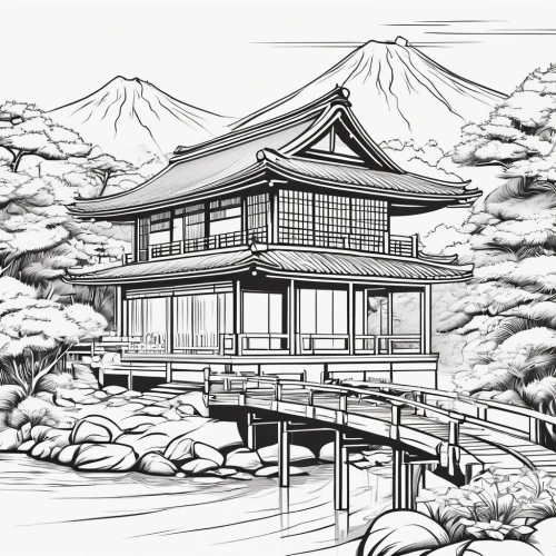 japanese architecture,hanok,the golden pavilion,tsukemono,golden pavilion,coloring page,ginkaku-ji,asian architecture,kinkaku-ji,japanese shrine,mono-line line art,japanese background,cool woodblock images,line-art,line drawing,coloring pages,japanese-style room,lineart,shinto,shinto shrine,Illustration,Black and White,Black and White 04