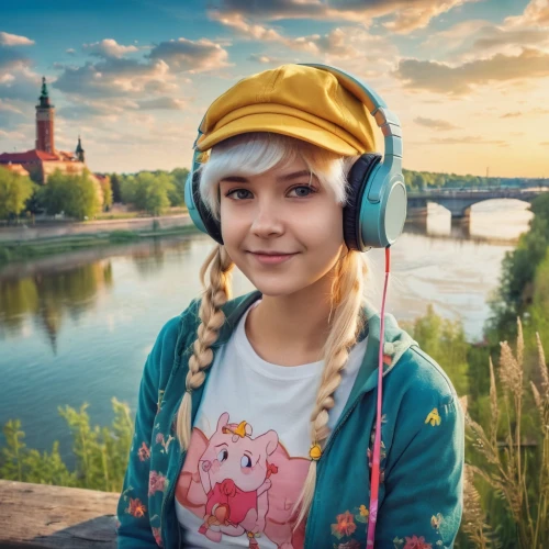 girl wearing hat,listening to music,headphone,girl on the river,headset,headphones,wireless headset,girl in a historic way,audio player,wireless headphones,music,music player,girl portrait,girl with bread-and-butter,retro girl,girl with speech bubble,music background,girl in t-shirt,earphones,girl in a long,Illustration,Realistic Fantasy,Realistic Fantasy 02