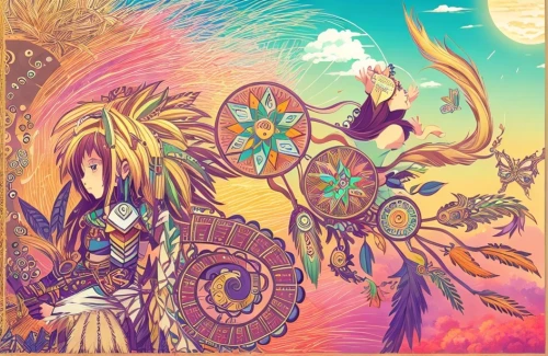 boho art,pachamama,psychedelic art,shamanic,sun and moon,shamanism,boho background,boho,magi,sun moon,tapestry,fairy world,amano,colorful tree of life,fantasy art,sun god,ancient parade,coral guardian,shaman,tribal,Common,Common,Japanese Manga