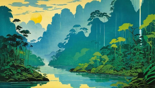 travel poster,river landscape,rainforest,karst landscape,wuyi,vietnam,mekong,laos,rain forest,cool woodblock images,lagoon,polynesia,aura river,han thom,forest landscape,guizhou,the forests,a river,wasserfall,cambodia,Illustration,Japanese style,Japanese Style 21
