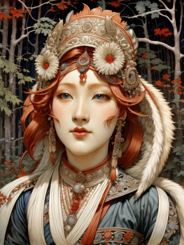 amano,the snow queen,suit of the snow maiden,girl in a wreath,fantasy portrait,rusalka,geisha,oriental princess,pagan,fae,christmas woman,flora,chinese art,faerie,kitsune,porcelaine,artemisia,lilian gish - female,japanese art,fantasy woman