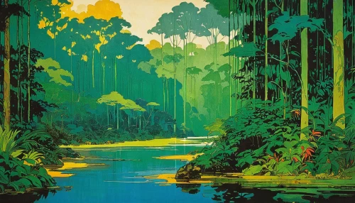 rainforest,travel poster,forests,the forests,green forest,forest landscape,cartoon forest,swamp,jungle,forest,bamboo forest,tropical and subtropical coniferous forests,rain forest,bayou,river landscape,forest background,the forest,riparian forest,green wallpaper,tropical jungle,Illustration,Japanese style,Japanese Style 21