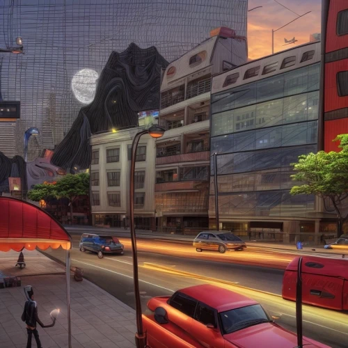 digital compositing,world digital painting,anime 3d,city scape,panoramical,evening city,sci fiction illustration,futuristic architecture,pedestrian lights,são paulo,business district,futuristic landscape,tokyo city,seoul,detective conan,shinjuku,city corner,big city,black city,curitiba,Common,Common,Natural