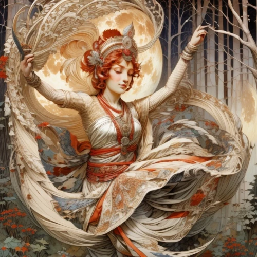 oriental princess,throwing leaves,geisha,fae,kitsune,oriental painting,chinese art,faerie,flame spirit,ballerina in the woods,oriental girl,radha,baroque angel,rusalka,dancer,flora,faery,fire dancer,spring festival,fire siren