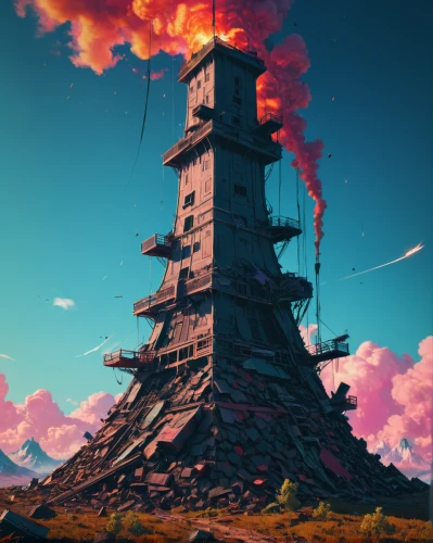 fairy chimney,volcano,russian pyramid,fire mountain,fire tower,chimney,tower of babel,the volcano,beacon,volcanic,oil rig,watchtower,steel tower,eruption,devil's tower,ruin,spire,blockhouse,stratovolcano,pillar of fire,Conceptual Art,Sci-Fi,Sci-Fi 11