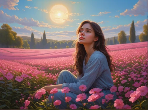 girl in flowers,world digital painting,mystical portrait of a girl,yogananda,romantic portrait,fantasy picture,fantasy portrait,beautiful girl with flowers,flower in sunset,splendor of flowers,oil painting on canvas,blue moon rose,digital painting,sky rose,girl in the garden,fantasy art,yogananda guru,spring morning,blooming field,creative background,Illustration,Realistic Fantasy,Realistic Fantasy 27