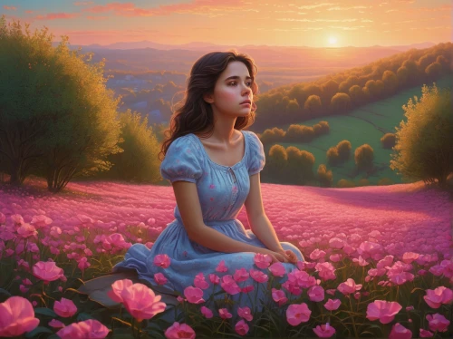 girl in flowers,girl in the garden,yogananda,fantasy picture,mystical portrait of a girl,way of the roses,girl picking flowers,idyll,la violetta,romantic portrait,oil painting on canvas,splendor of flowers,world digital painting,pink dawn,meadow in pastel,girl lying on the grass,fantasy portrait,field of flowers,beautiful girl with flowers,yogananda guru,Illustration,Realistic Fantasy,Realistic Fantasy 27