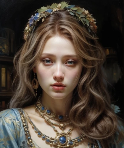 mystical portrait of a girl,emile vernon,fantasy portrait,jessamine,portrait of a girl,romantic portrait,girl portrait,gothic portrait,faery,young girl,fantasy art,comely,young woman,cepora judith,priestess,fairy queen,diadem,faerie,young lady,the enchantress