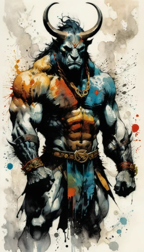 minotaur,barbarian,tribal bull,greyskull,god of thunder,warlord,norse,thor,viking,orc,fantasy warrior,warrior and orc,wolverine,strongman,goki,brute,bull,he-man,heroic fantasy,hanuman,Illustration,Realistic Fantasy,Realistic Fantasy 06