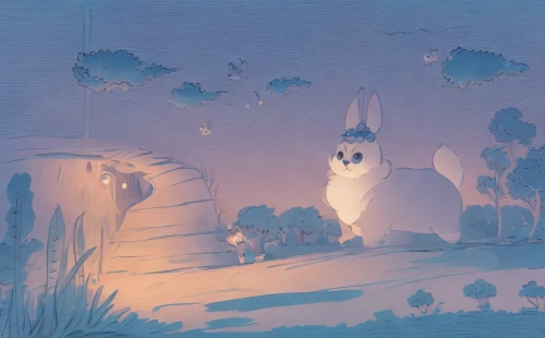 rabbit owl,fairy penguin,hares,rabbits and hares,hare trail,studio ghibli,rabbits,gray hare,wild hare,night scene,owl background,whimsical animals,steppe hare,tyto longimembris,white rabbit,owl nature,rabbit family,owls,bunnies,owlets,Game&Anime,Doodle,Fairy Tale Illustrations