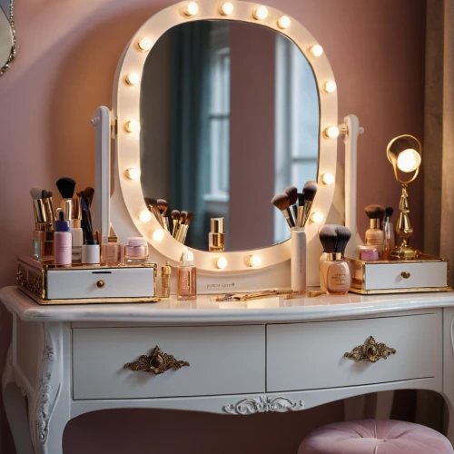 dressing table,beauty room,makeup mirror,magic mirror,dresser,bathroom cabinet,the little girl's room,shabby chic,bedside table,mirror frame,the mirror,nightstand,gold foil corner,shabby-chic,luxury bathroom,toilet table,bridal suite,art deco frame,pink round frames,beauty products,Photography,General,Commercial