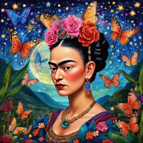 frida,pachamama,khokhloma painting,rosa bonita,julia butterfly,geisha,girl in flowers,mystical portrait of a girl,fantasy portrait,mulan,adelita,la catrina,chiang mai,vanessa (butterfly),rosa peace,han thom,pocahontas,vietnamese woman,bodhisattva,asian woman,Illustration,Realistic Fantasy,Realistic Fantasy 37