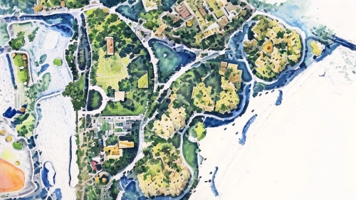 river course,bird's-eye view,aerial photograph,villa borghese,landscape plan,artificial island,overhead view,aerial landscape,tidal basin,the shoals course,aerial view,water courses,aerial image,artificial islands,the golfcourse,parramatta,satellite imagery,waterways,archipelago,satellite image,Landscape,Landscape design,Landscape Plan,Watercolor