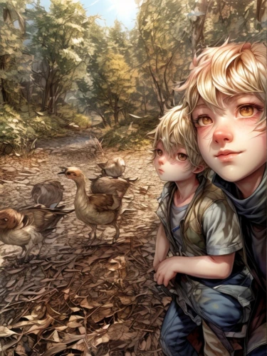 woodland animals,children's background,game illustration,kids illustration,forest animals,world digital painting,children's fairy tale,walk with the children,happy children playing in the forest,hunting scene,woodland,fable,children's eyes,fawns,feeding the birds,girl and boy outdoor,feeding birds,wildlife reserve,the pied piper of hamelin,young birds