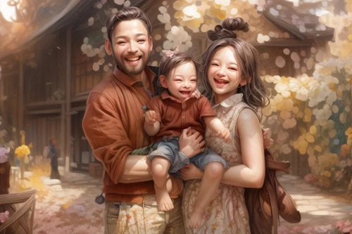 chinese art,oriental painting,happy family,asian culture,harmonious family,mulberry family,korean folk village,holy family,japanese culture,china cny,korean culture,parents with children,birch family,traditional chinese,chinese background,japanese art,kids illustration,world digital painting,lily family,father with child
