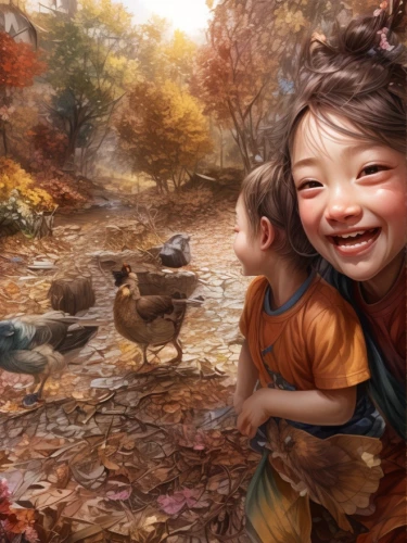 children's background,chinese art,happy children playing in the forest,oriental painting,world digital painting,girl and boy outdoor,nomadic children,autumn background,kids illustration,oil painting on canvas,oil painting,autumn idyll,children,children play,children playing,child portrait,children drawing,autumn theme,children's fairy tale,the autumn