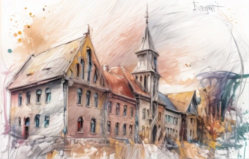 christianshavn,wernigerode,row houses,townscape,townhouses,new-ulm,old houses,rothenburg,bergen,krumlov,georgetown,český krumlov,city scape,zamek malbork,urban landscape,luneburg,metz,old town house,watercolor sketch,trondheim