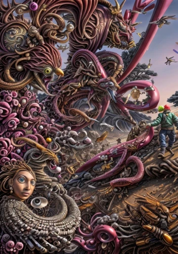 sci fiction illustration,flotsam and jetsam,tentacles,tentacle,polyp,surrealism,psychedelic art,sea monsters,giant squid,the pied piper of hamelin,labyrinth,pink octopus,cephalopods,background image,fantasy art,kraken,the collector,mushroom landscape,game illustration,symbiotic
