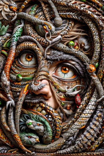 fractalius,serpent,medusa,gorgon,distorted,woven,psychedelic art,abstract eye,complexity,reptilian,surrealism,medusa gorgon,tapestry,psychosis,eye,intricate,fractals art,emergence,peacock eye,symbiotic
