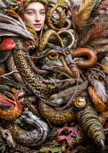 fantasy portrait,fantasy art,cornucopia,faery,fantasy picture,potpourri,fantasy woman,serpent,girl in a wreath,fractalius,wyrm,crocodile woman,fae,natura,basilisk,dragons,faerie,peacock,spring nest,puli