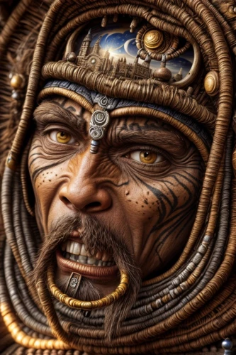 tribal chief,shaman,warlord,maori,cent,aborigine,poseidon god face,inca face,fractalius,tiger png,african man,world digital painting,alien warrior,emperor,shamanism,tassili n'ajjer,genghis khan,emperor snake,barbarian,goki