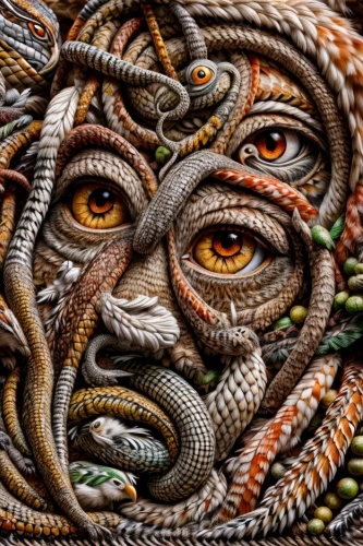 embroidery,woven rope,serpent,rope detail,shamanism,fractalius,png sculpture,tapestry,shamanic,embroider,woven,needlework,boa constrictor,aboriginal,wood carving,gorgon,maori,aboriginal art,snake's head,stitching