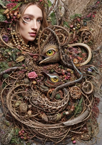 dryad,faery,spring nest,girl in a wreath,kahila garland-lily,faerie,the enchantress,medusa,uprooted,mother earth,tendrils,bird nests,bird nest,secret garden of venus,mother nature,fantasy art,flotsam and jetsam,serpent,nest,rapunzel