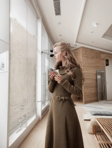 woman holding a smartphone,blonde woman reading a newspaper,sliding door,window film,smart home,daylighting,habitat 67,search interior solutions,woman drinking coffee,woman in menswear,window covering,glass wall,scandinavian style,smarthome,modern style,woman holding gun,glass facade,wood wool,realtor,laminated wood,Interior Design,Living room,Northern Europe,Nordic Leisure