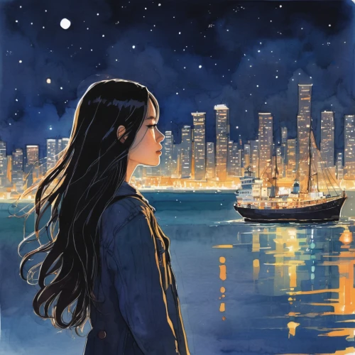 sea night,girl on the boat,city lights,girl on the river,constellation,rosa ' amber cover,falling stars,night stars,nautical star,constellations,busan night scene,the moon and the stars,falling star,night scene,sci fiction illustration,citylights,starry sky,queen of the night,stargazing,star winds,Illustration,Paper based,Paper Based 07