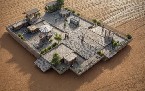 dunes house,house by the water,3d rendering,seaside resort,cube stilt houses,artificial island,build by mirza golam pir,coastal protection,isometric,floating islands,floating huts,floating island,eco-construction,qasr al watan,pool house,huacachina oasis,dubai desert,house with lake,luxury property,qasr azraq,Common,Common,Photography