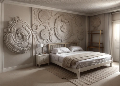 ornate room,wall plaster,art nouveau design,stucco wall,guest room,danish room,sleeping room,bedroom,damask,3d rendering,great room,interior decoration,art nouveau,neoclassical,rococo,children's bedroom,wall decoration,canopy bed,baroque,luxury decay