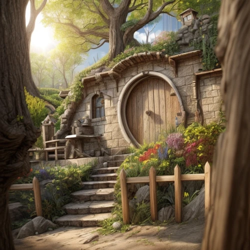 hobbiton,hobbit,fairy village,fairy door,fantasy picture,fantasy landscape,garden door,tree house hotel,tree house,ancient house,wine-growing area,the threshold of the house,house in the forest,home landscape,druid grove,fairy house,concept art,fantasy art,3d fantasy,wishing well,Common,Common,Natural