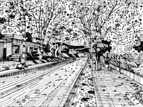pointillism,pen drawing,plane trees,tram road,birch alley,sidewalk,tree lined lane,bicycle path,tree grove,cartoon forest,mono-line line art,pencil art,cherry blossom tree-lined avenue,mono line art,bicycle lane,boardwalk,row of trees,tree canopy,cherry trees,boulevard,Design Sketch,Design Sketch,None