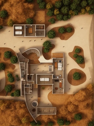 dunes house,eco-construction,large home,house in the forest,floorplan home,aerial landscape,farmstead,overhead view,overhead shot,bird's-eye view,from above,house drawing,clay house,escher village,house floorplan,mid century house,view from above,luxury property,dune ridge,luxury home,Interior Design,Floor plan,Interior Plan,Southwestern