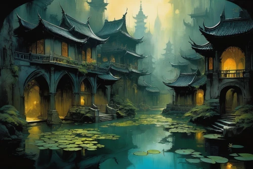 fantasy landscape,ancient city,backwater,fantasy city,world digital painting,underground lake,underwater oasis,water palace,spa town,water castle,lostplace,chinese architecture,asian architecture,forbidden palace,lost place,abandoned place,fantasy world,city moat,fantasy picture,canals,Illustration,Realistic Fantasy,Realistic Fantasy 16