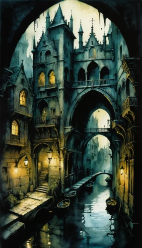 fantasy city,castle of the corvin,city moat,fantasy art,medieval town,water castle,ghost castle,ancient city,fantasy landscape,fantasy picture,haunted castle,fantasy world,canals,lostplace,hamelin,underworld,gothic architecture,medieval architecture,venetian,night scene,Illustration,Realistic Fantasy,Realistic Fantasy 29