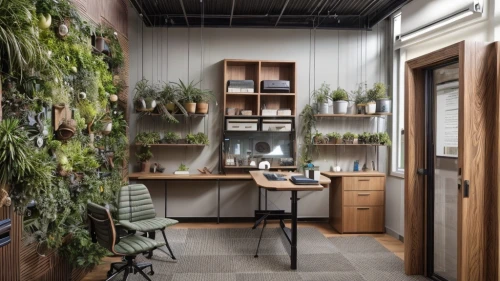 creative office,hanging plants,herbarium,modern office,house plants,working space,green living,shared apartment,hallway space,garden shed,tile kitchen,kitchen design,plant community,kitchenette,room divider,forest workplace,kitchen interior,houseplant,an apartment,kitchen shop,Commercial Space,Working Space,Biophilic Serenity