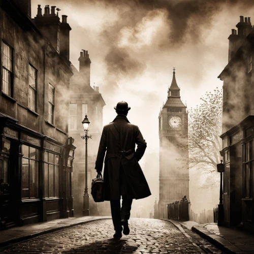 sherlock holmes,holmes,cordwainer,sherlock,lamplighter,the victorian era,the wanderer,walking man,the eleventh hour,bowler hat,detective,overcoat,chimney sweep,whitby goth weekend,city of london,houses silhouette,frock coat,thames trader,steampunk,man with umbrella,Photography,Black and white photography,Black and White Photography 01