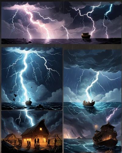 visual effect lighting,thunderclouds,backgrounds,world digital painting,lightning storm,thunderstorm,the storm of the invasion,sea storm,storm,viking ships,thunderheads,lightning,backgrounds texture,fantasy art,noah's ark,fantasy landscape,digital compositing,maelstrom,scene lighting,boats,Unique,Design,Character Design