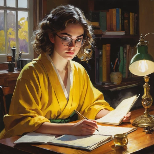 girl studying,librarian,girl at the computer,reading glasses,scholar,tutor,yellow light,study,carol m highsmith,bookworm,author,reading,girl in a historic way,oil painting,the girl studies press,world digital painting,mystical portrait of a girl,artist portrait,digital painting,girl drawing,Conceptual Art,Oil color,Oil Color 09
