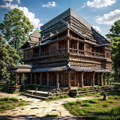 wooden house,asian architecture,scherhaufa,timber house,wooden construction,ancient house,hindu temple,traditional house,kathmandu,temple,wooden church,log home,stone palace,wooden roof,russian folk style,traditional building,wooden facade,3d rendering,thai temple,pagoda,Architecture,Large Public Buildings,Southeast Asian Tradition,Cambodian Style