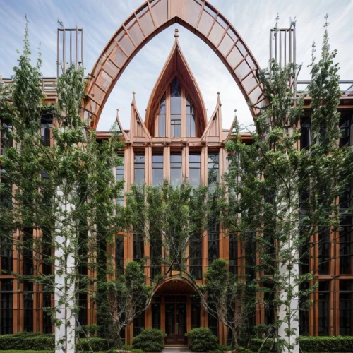 christ chapel,forest chapel,corten steel,wooden facade,eco hotel,wooden church,garden elevation,kirrarchitecture,wood structure,monastery garden,timber house,collegiate basilica,garden of plants,symmetrical,pipe organ,usyd,art nouveau design,plant tunnel,pointed arch,gothic architecture,Architecture,Industrial Building,European Traditional,Garden Traditional