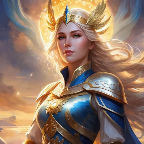 golden unicorn,goddess of justice,fantasy portrait,golden crown,paladin,zodiac sign libra,lux,fantasy woman,heroic fantasy,female warrior,eufiliya,athena,show off aurora,fantasy art,archangel,aurora,elza,portrait background,mary-gold,fantasy picture,Illustration,Realistic Fantasy,Realistic Fantasy 01